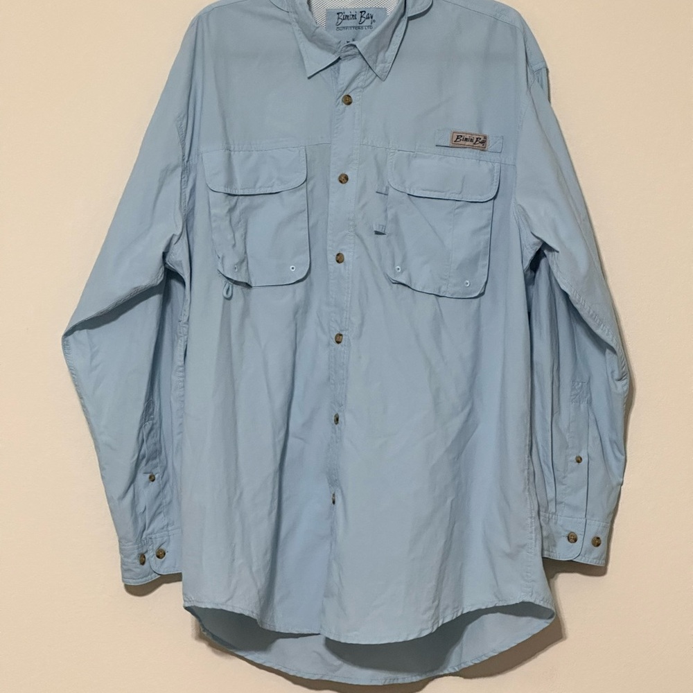Bimini Bay‎ Outfitters Long Sleeve Blue Button-Up Shirt Flap Pockets Fishing XL